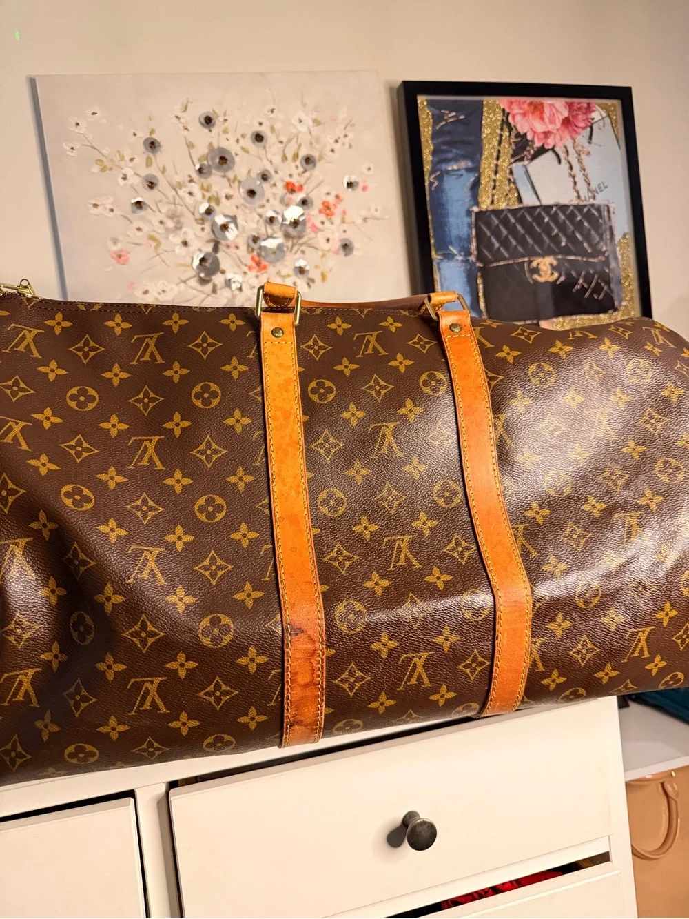 Louis Vuitton Brown Monogram Travel Duffle with Tan Leather Trim